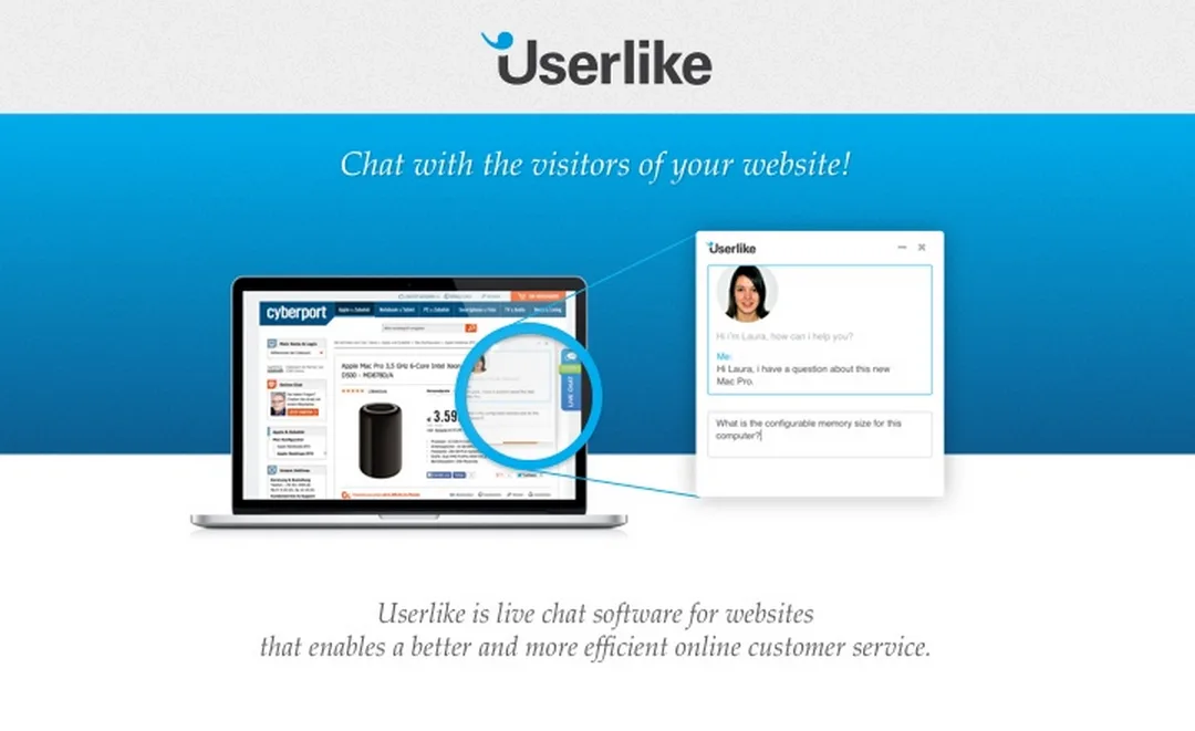 Homepage 'Userlike Chat with the visitors of your website!' with a laptop and chat window.
