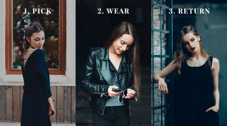 Three photos of women in black outfits labelled '1. Pick', '2. Wear', '3. Return'.