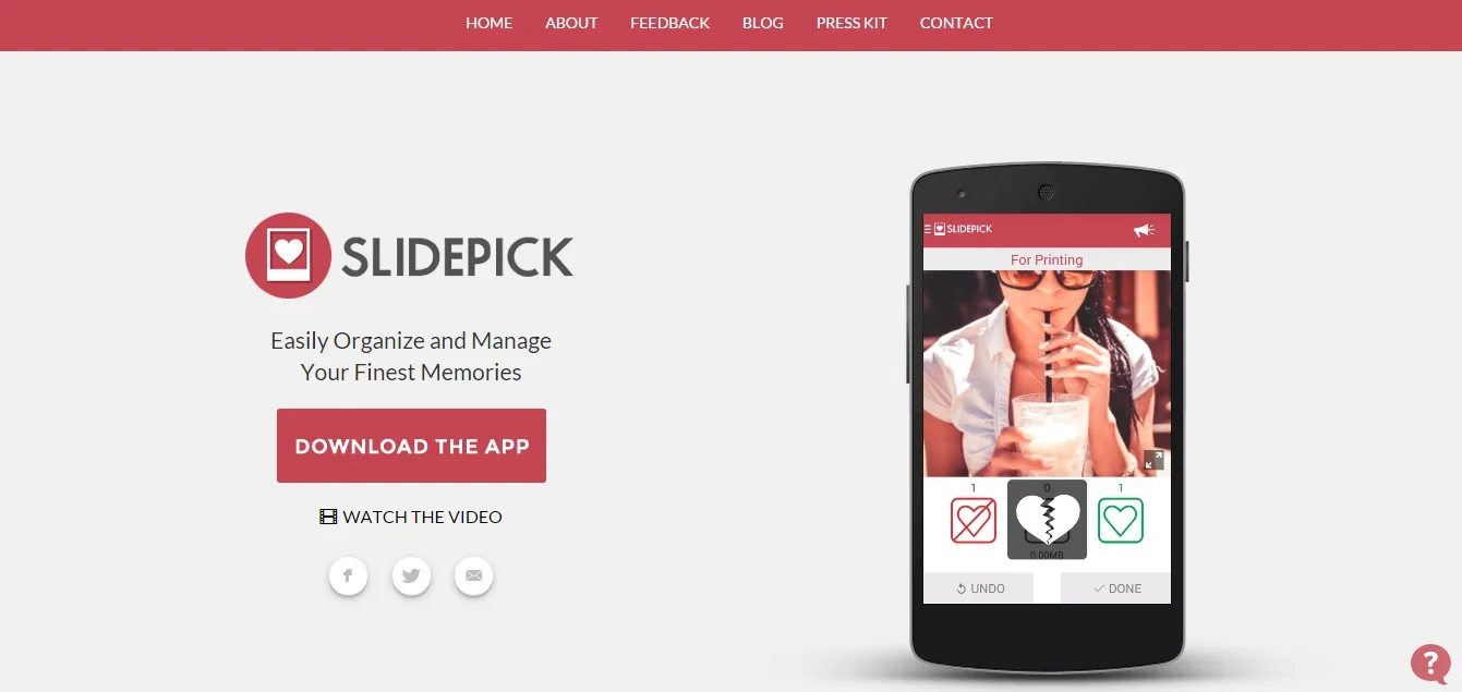 Homepage 'SLIDEPICK Easily Organize and Manage Your Finest Memories' with an Android phone showing a photo.